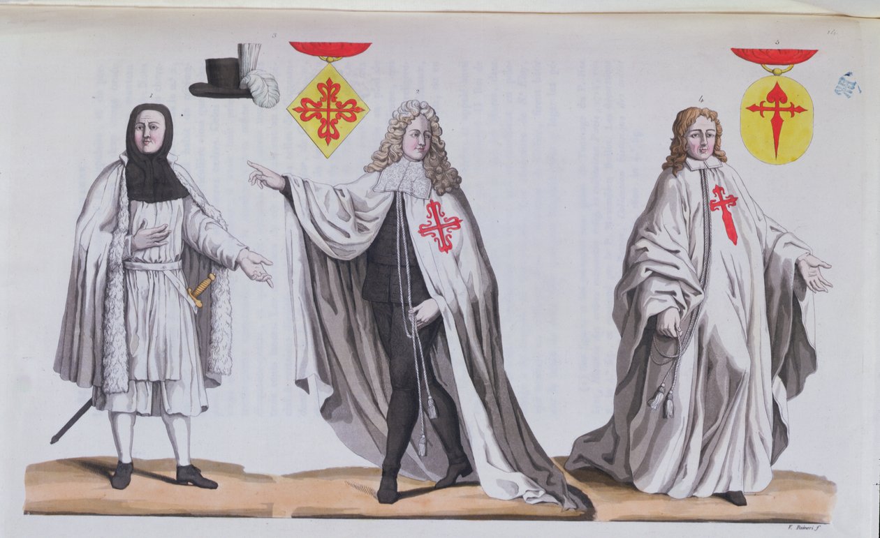 Rytíři z Calatravy ve válečném kostýmu, slavnostním kostýmu a jako rytíř řádu svatého Jakuba, ilustrace z 