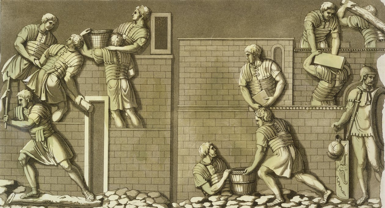 Římští vojáci staví pevnost, deska 21 z „Le Costume Ancien et Moderne“, od Julese Ferraria, vydáno kolem 20.–30. let 19. století od Vittorio Raineri