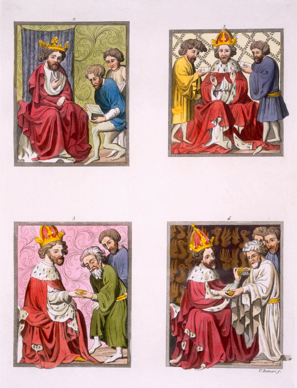 Různé rituály spojené s peněžním systémem v době Maxmiliána I., z knihy "Costume dei Romani", cca 1800-18 (barevná rytina) od Vittorio Raineri