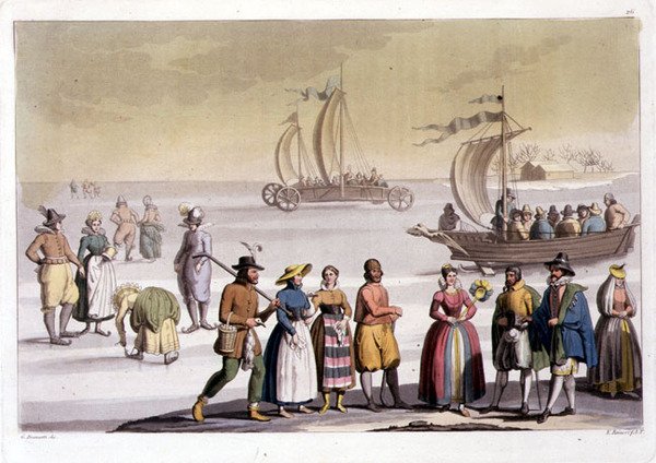 Holandská bruslařská scéna vyrytá G. Bramattim (barevná rytina) od Vittorio (after) Raineri