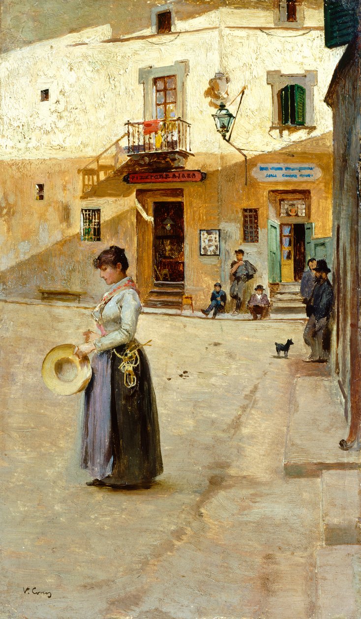 Na náměstí od Vittorio Matteo Corcos (1859-1933), olej na panelu, 23x13 cm, circa 1885 od Vittorio Matteo Corcos
