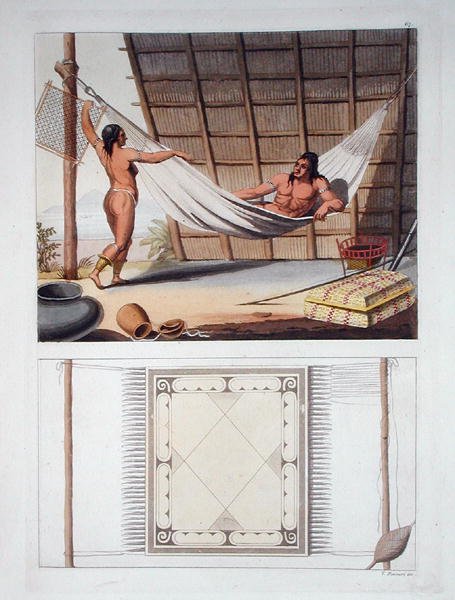 Domácí interiér, kmen Carib, Nizozemské Antily, deska 67 z „Le Costume Ancien et Moderne“ od Julese Ferraria, vydáno kolem 20.–30. let 18. století (barevně lito) od Vittorio Raineri