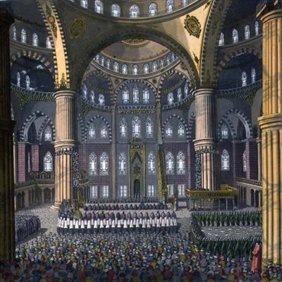 Oslava festivalu Mewlod v mešitě sultána Ahmeda, deska 41 z části III, svazek I „Historie národů“, vyryto umělcem (akvatinta) od Vittorio Raineri