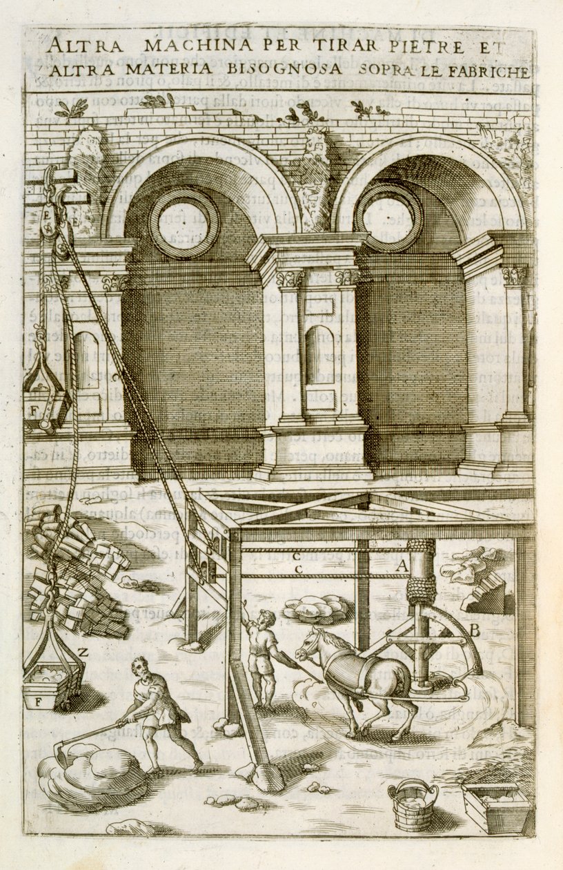 Stroj na zvedání stavebních materiálů poháněný koňmi, z "Nuovo Teatro di Macchine ed Edifici", pub. 1607 od Vittorio Zonca