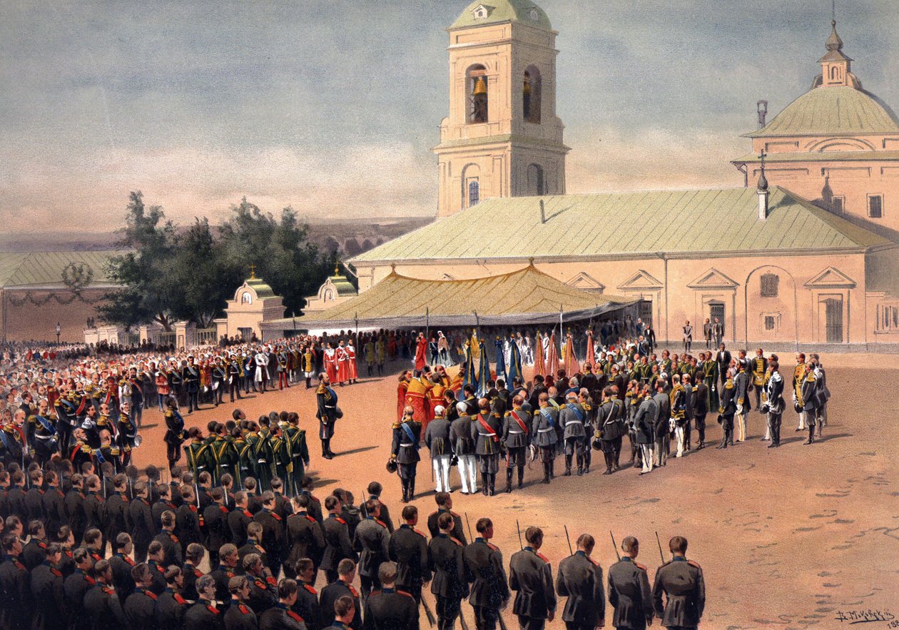Album korunovace ruského cara Alexandra III. (1845-1894) a císařovny Marie Fjodorovny (Dagmar z Dánska) (1847-1928) - Svěcení vlajek Preobraženského (Preobraženského pluku) a Semenovského pluku (Semenského pluku) od Vladimir Egorovic Makovsky