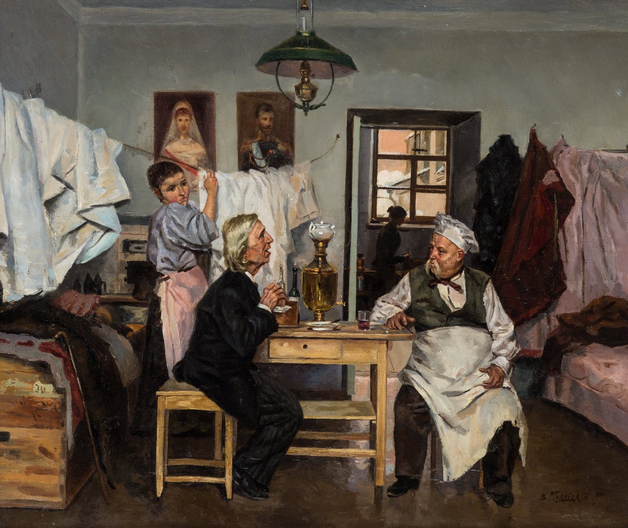U samovaru od Makovského Vladimír Jegorovič (1846-1920). Olej na plátně od Vladimir Egorovic Makovsky