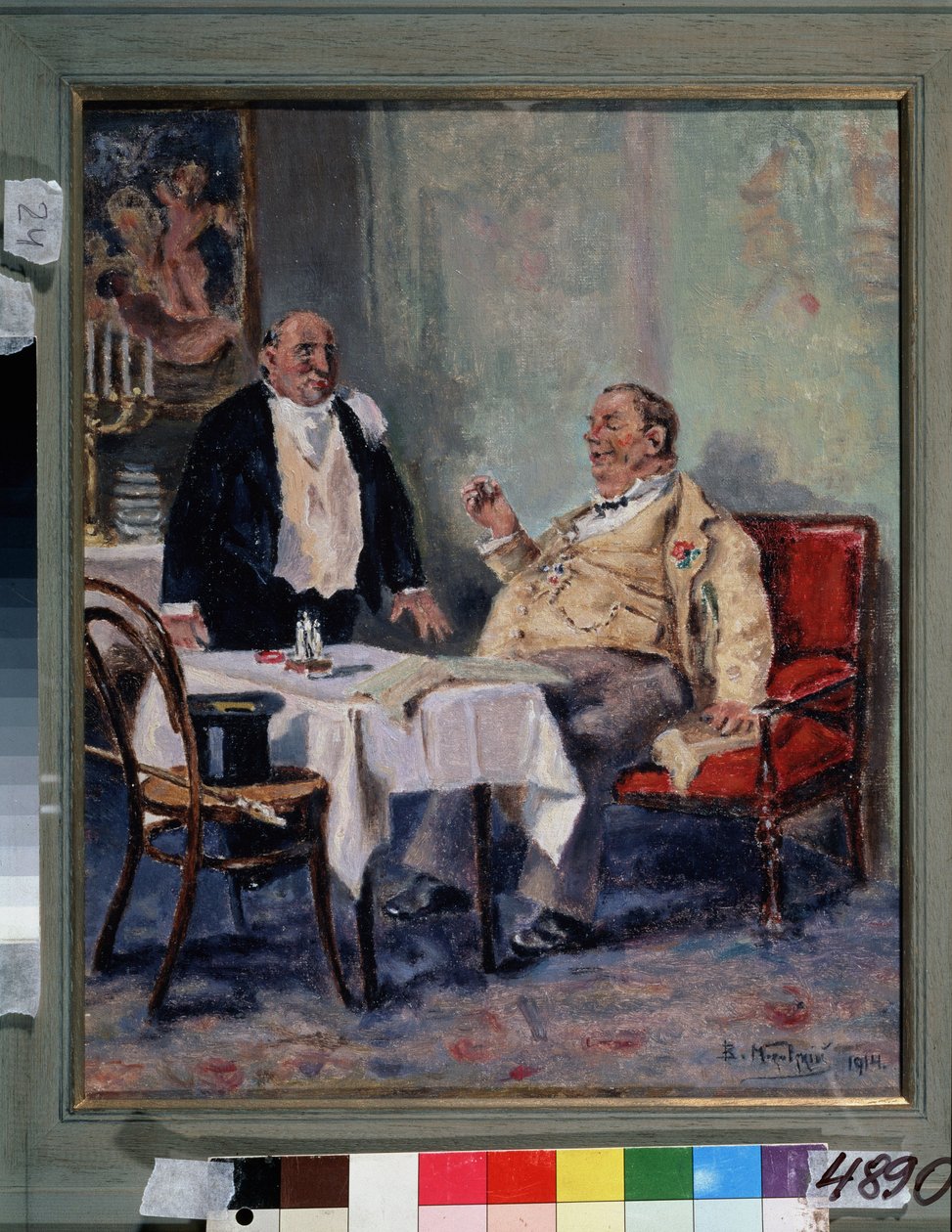 V restauraci (In a Restaurant). Obézní a spokojený muž s květinou v knoflíkové dírce blahopřeje číšníkovi na konci večeře. Obraz Vladimíra Jegoroviče Makovského (Makovskij, Makovskij) (1846-1920), olej na plátně od Vladimir Egorovic Makovsky
