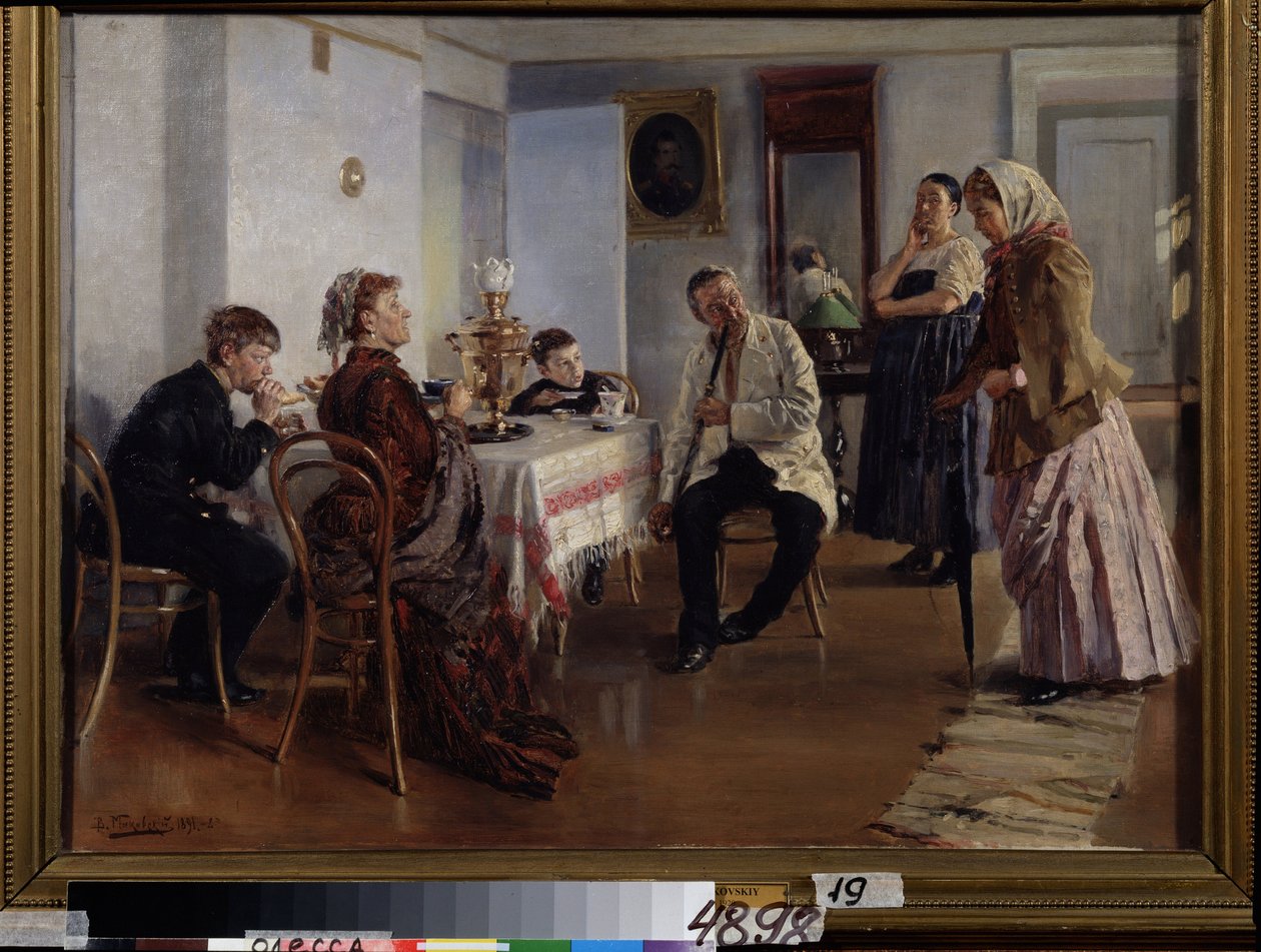 Najímání pokojské (A Maid Employment). Mladá žena se uchází o místo, na dotazy paní domu, pod pohledem svého manžela a dětí, sedící u čaje. Mladou ženu sleduje i zaměstnanec od Vladimir Egorovic Makovsky