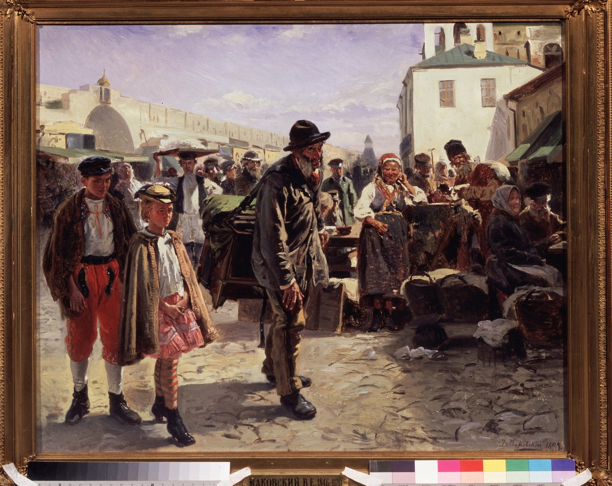 Sudové varhany (The Organ Grinder). Potulný hudebník drží svůj nástroj na zádech, doprovázejí ho dvě velmi elegantní děti, přijíždějí na tržiště města, kde na ně zírají obchodníci. Obraz Vladimir Yegorovi od Vladimir Egorovic Makovsky