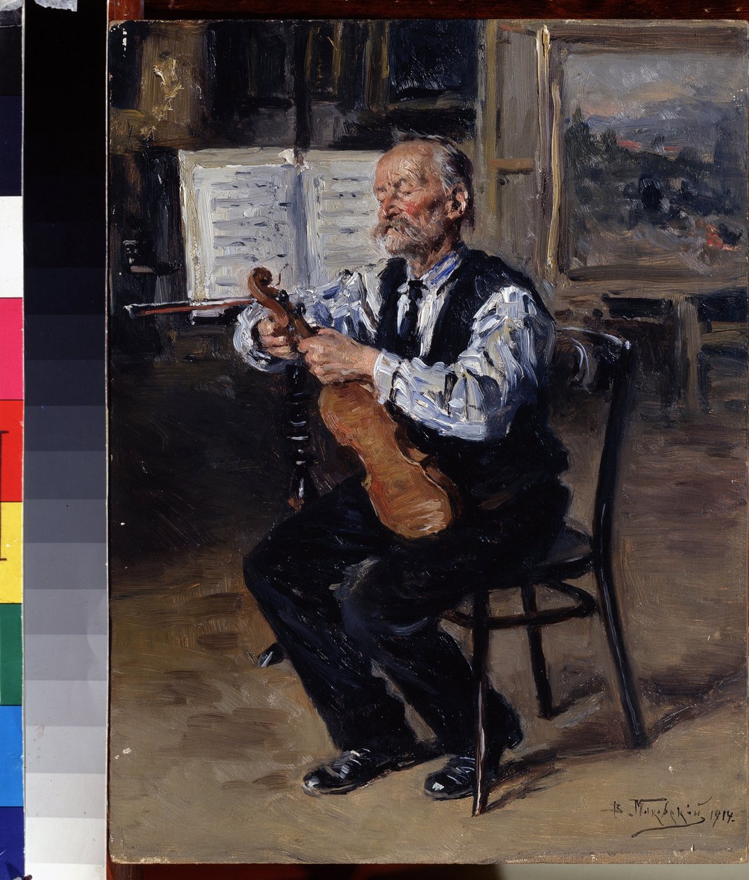 Luthier (Luthier). Řemeslník ladí housle. Obraz Vladimíra Jegoroviče Makovského (Makovskij, Makovskij) (1846-1920), olej na plátně od Vladimir Egorovic Makovsky