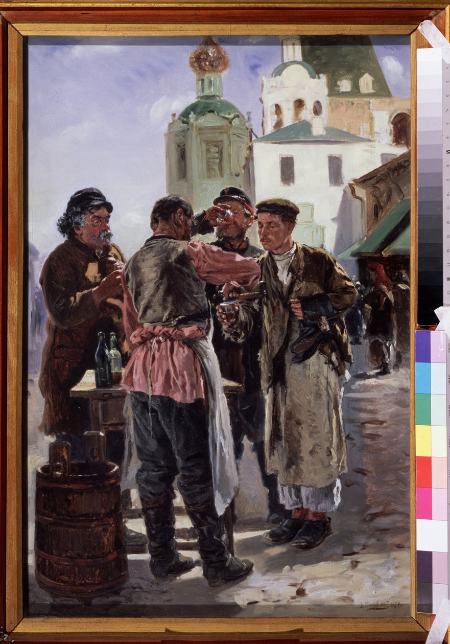 Prodejce Kvasu (Kwass) (Prodejce Kvasu). Kvašený a perlivý nápoj, mírně alkoholický a oblíbený, přezdívaný chlebové pivo, ruský národní nápoj. Obraz Vladimíra Jegoroviče Makovského (Makovskij, Makovskij) (1846-1920), olej na plátně od Vladimir Egorovic Makovsky