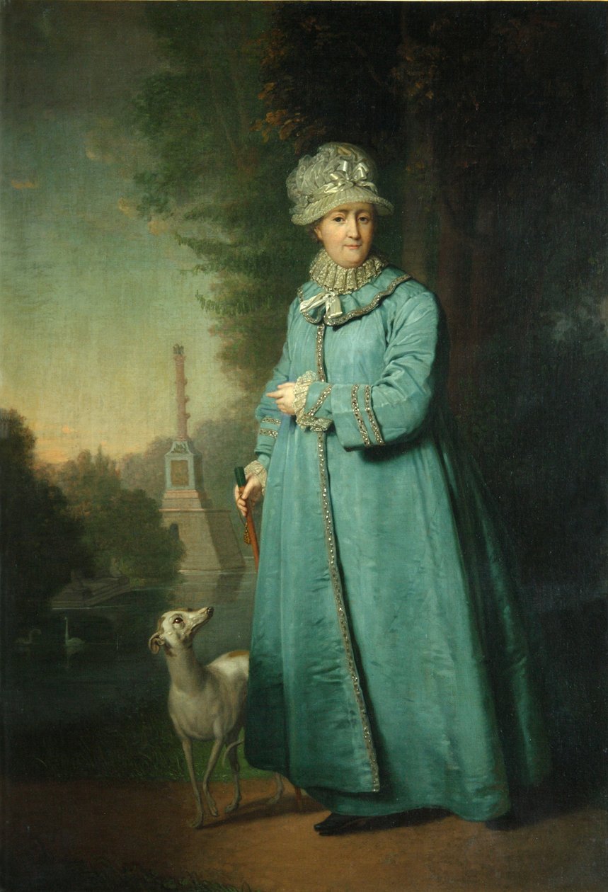 Kateřina II na procházce v parku v Carskoje Selo se sloupem Chesme v pozadí, 1794 od Vladimir Lukich Borovikovsky