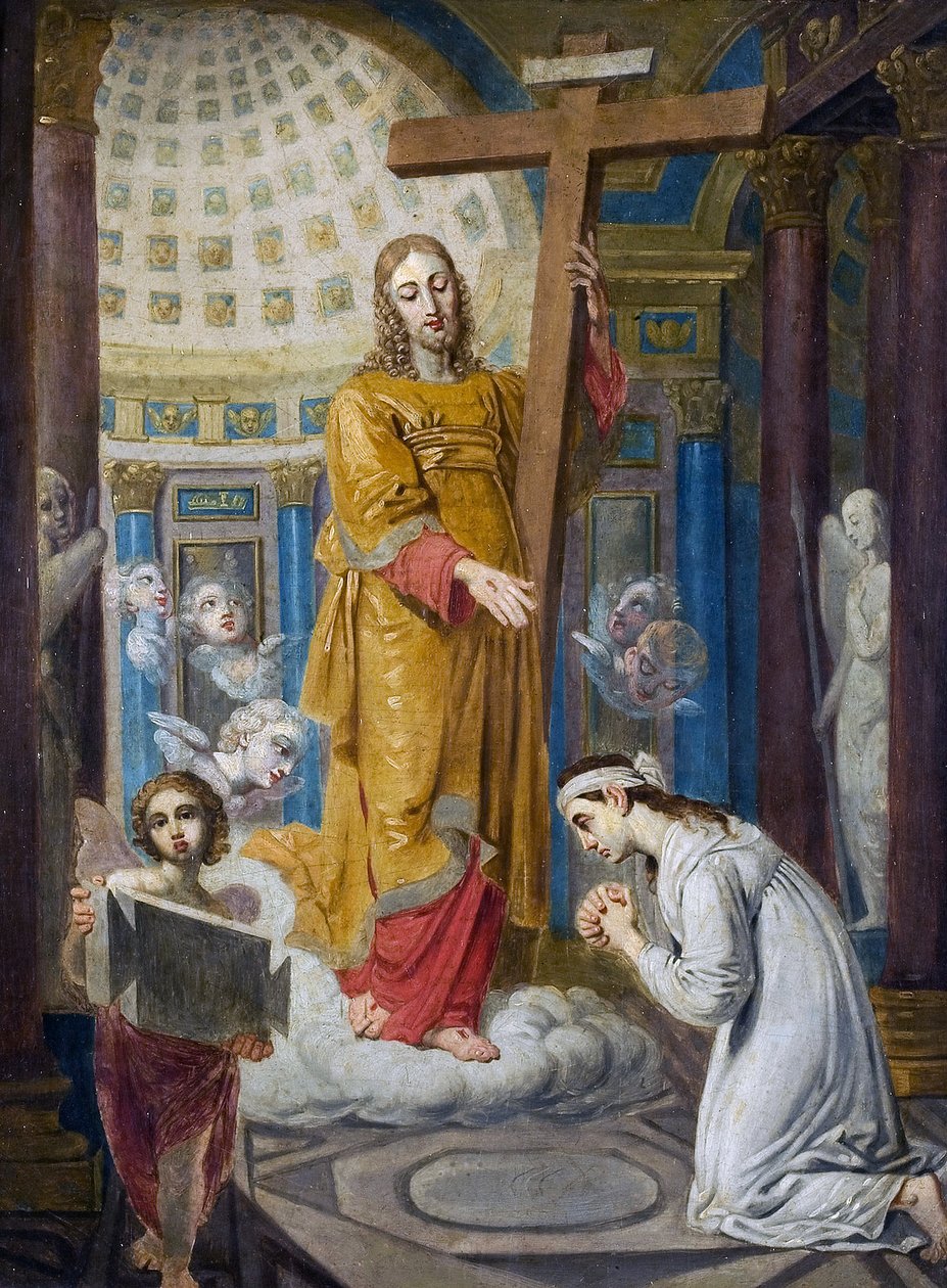Zjevení Krista s křížem Jekatěrině Filippovně Tatarinové (1783-1856) - par Borovikovsky, Vladimir Lukich (1757-1825). Olej na dřevě, rozměr : 44x34, počátek 20. let 19. století, Státní ruské muzeum, Petrohrad od Vladimir Lukich Borovikovsky