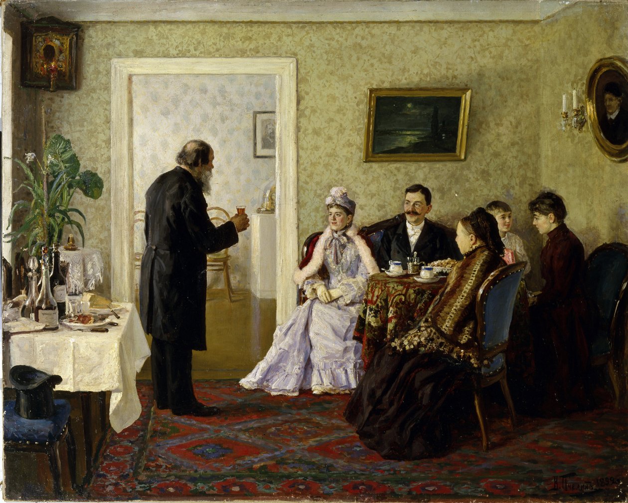 Novomanželé na návštěvě u tchána. (Novomanželé na návštěvě u tchána). Obraz Vladimíra Nikolajeviče Pchelina (1869-1941), olej na plátně od Vladimir Nikolayevich Pchelin
