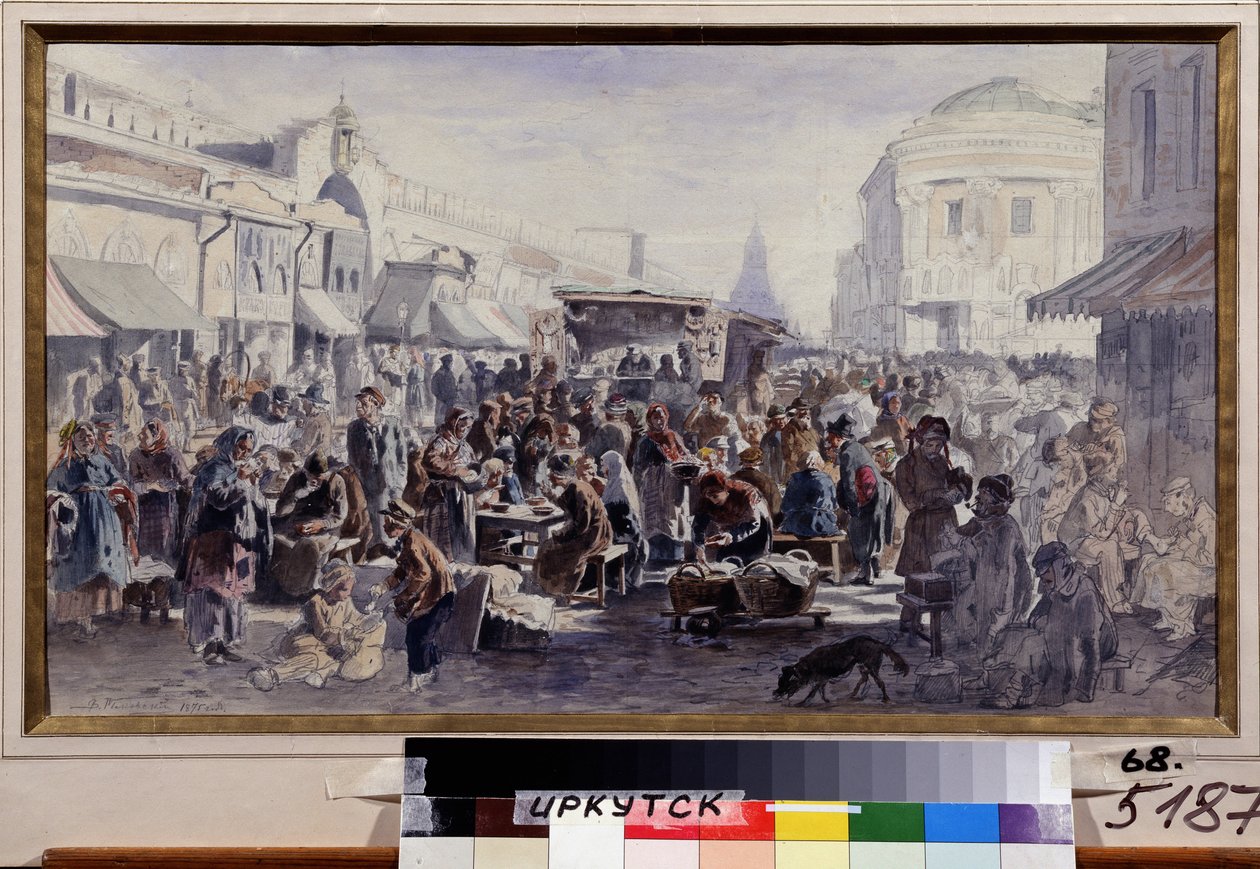 Bleší trh v Moskvě (Rusko) (The Second Hand Market In Moscow). Pouliční scéna s postavami v špinavém a záplatovaném oblečení, někteří jedí u stolků před barákem, jiní si prohlížejí nabízené zboží, další se schovávají od Vladimir Yegorovich Makovski