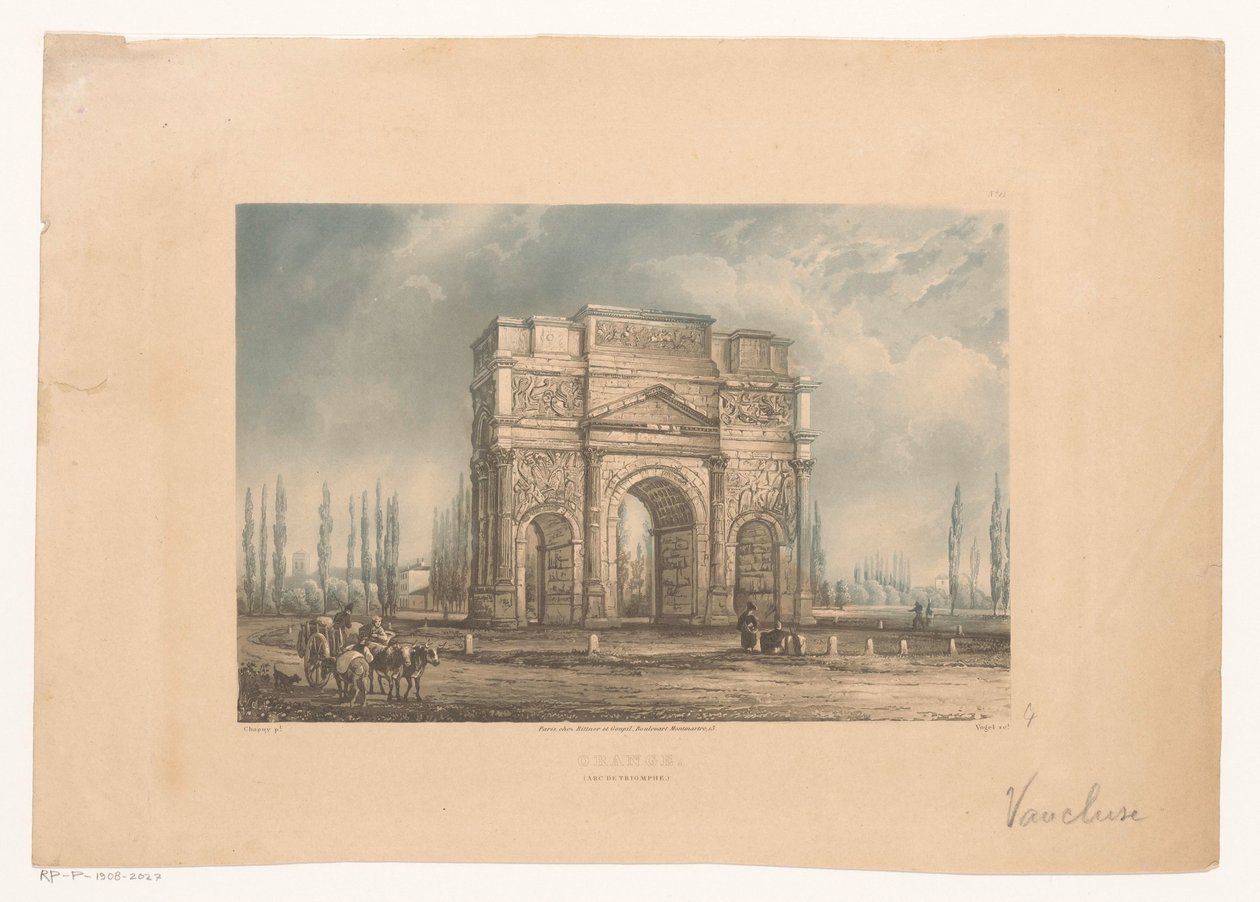 Krajina s vítězným obloukem Orange s cestovateli oranžový. (Arc de Triomphe) (název na objektu) od Vogel (prentmaker)