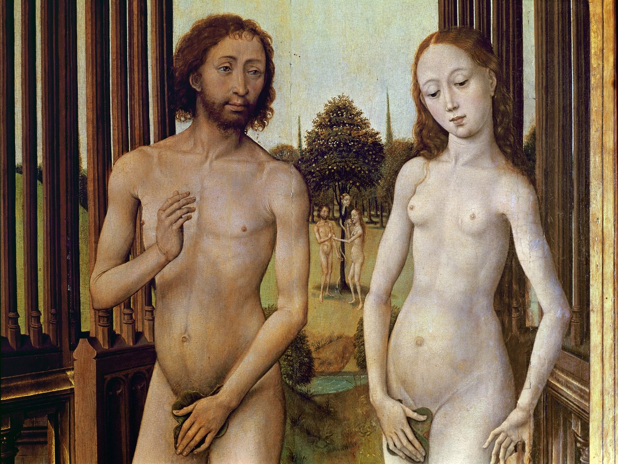Adam a Eva vyloučeni z rajské zahrady poté, co byli pokoušeni hadem sníst jablko, kolem roku 1460 (detail 488611) od Vrancke van der Stockt