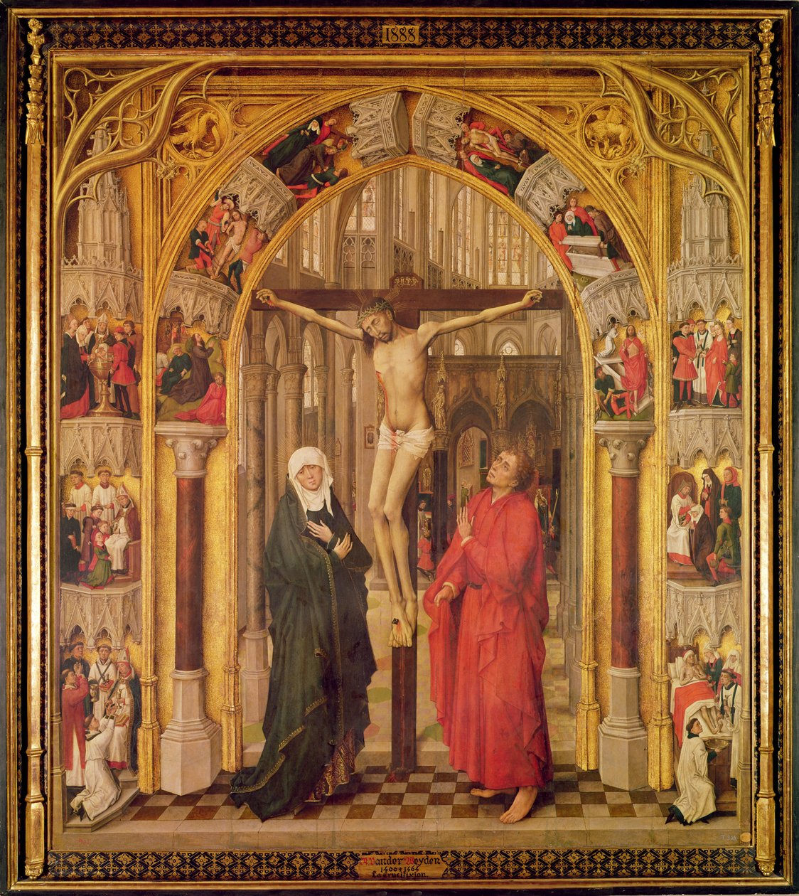 Kristus na kříži s Pannou Marií a svatým Janem pod klenbou s gotickou kružbou vedoucí do kostela, centrální panel z Triptychu vykoupení, kolem 1460 od Vrancke van der Stockt