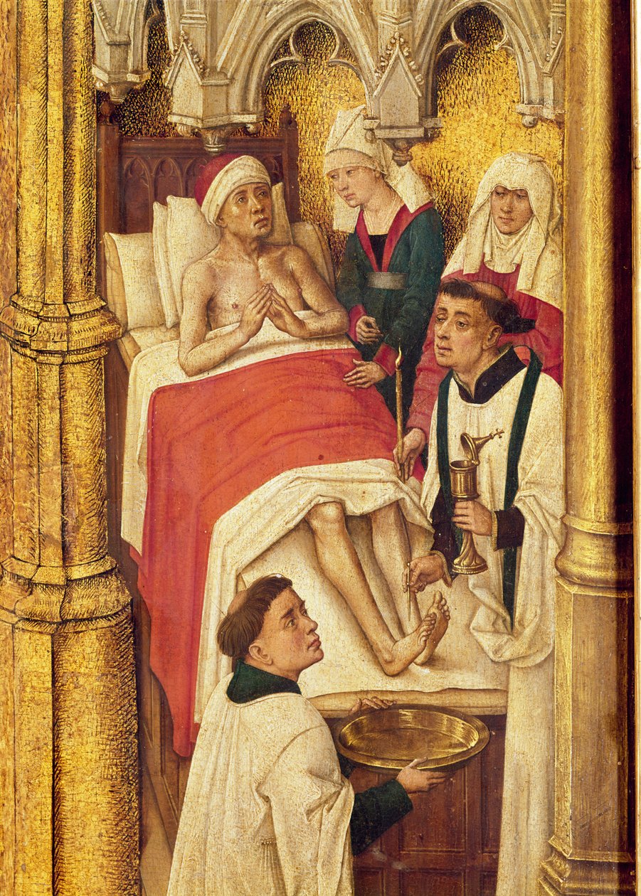 Triptych Redemption: Sacrament of Extreme Unction, ze série malých obrázků zobrazujících svátosti kolem ústředního obrazu Ukřižování, kolem roku 1460 od Vrancke van der Stockt