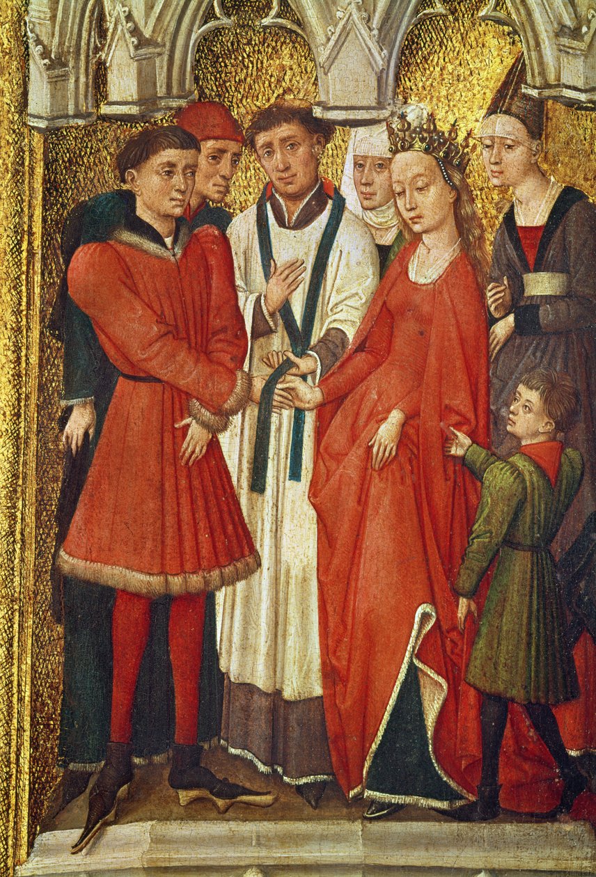 Triptych Redemption: Sacrament of Marriage, ze série malých obrázků zobrazujících svátosti kolem ústředního obrazu Ukřižování, kolem roku 1460 od Vrancke van der Stockt