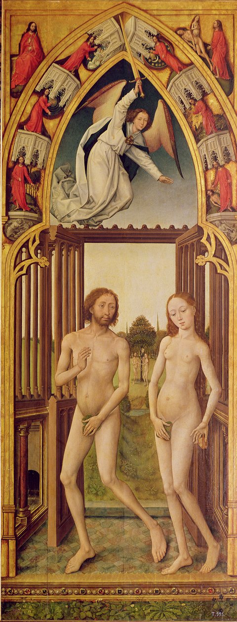 Triptych vykoupení; pravý panel (pro diváka) zobrazující vyhnání Adama a Evy z ráje, kolem roku 1460   , c.1460 (viz 488870 a 488609) od Vrancke van der Stockt