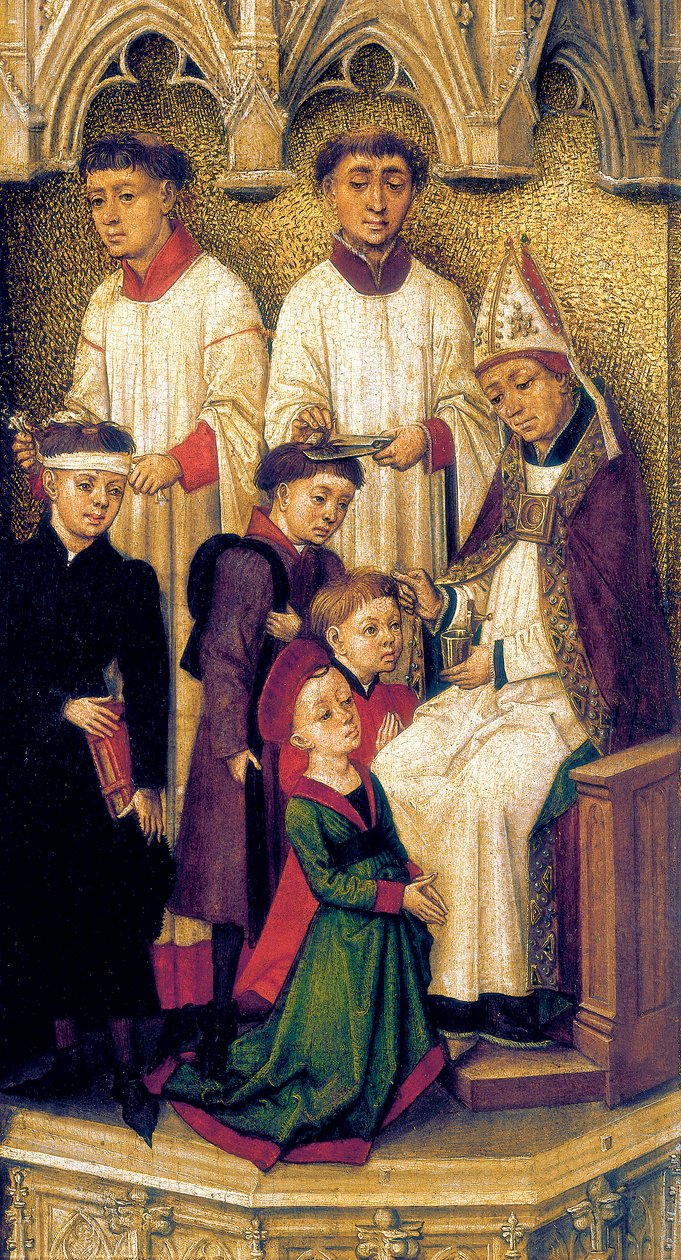 Triptych Vykoupení, detail oblouků a verandy, které překonávají centrální panel, popisující svátost biřmování od Vrancke van der Stockt
