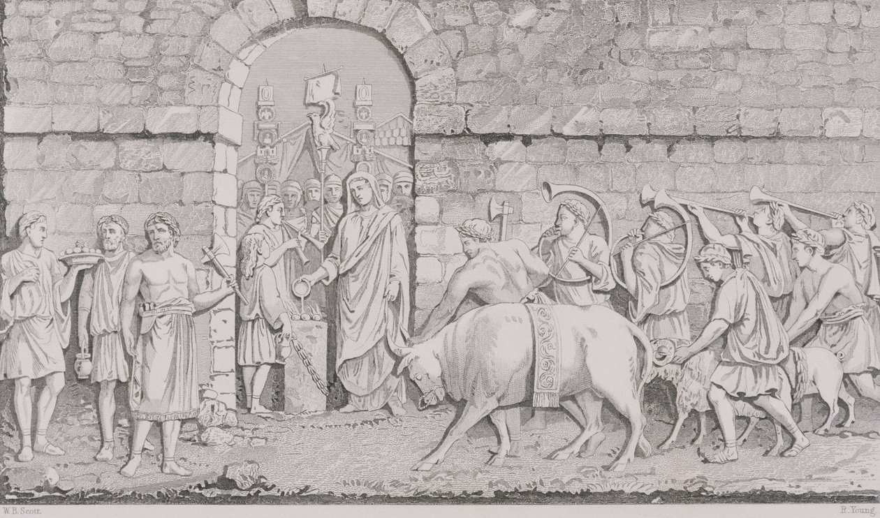 The Great Sacrifice of the Romans on Undertaking a War, vyrytý R. Youngem, z „World Religion“, vydaného A. Fullarton und Co. od W. Bell Scott