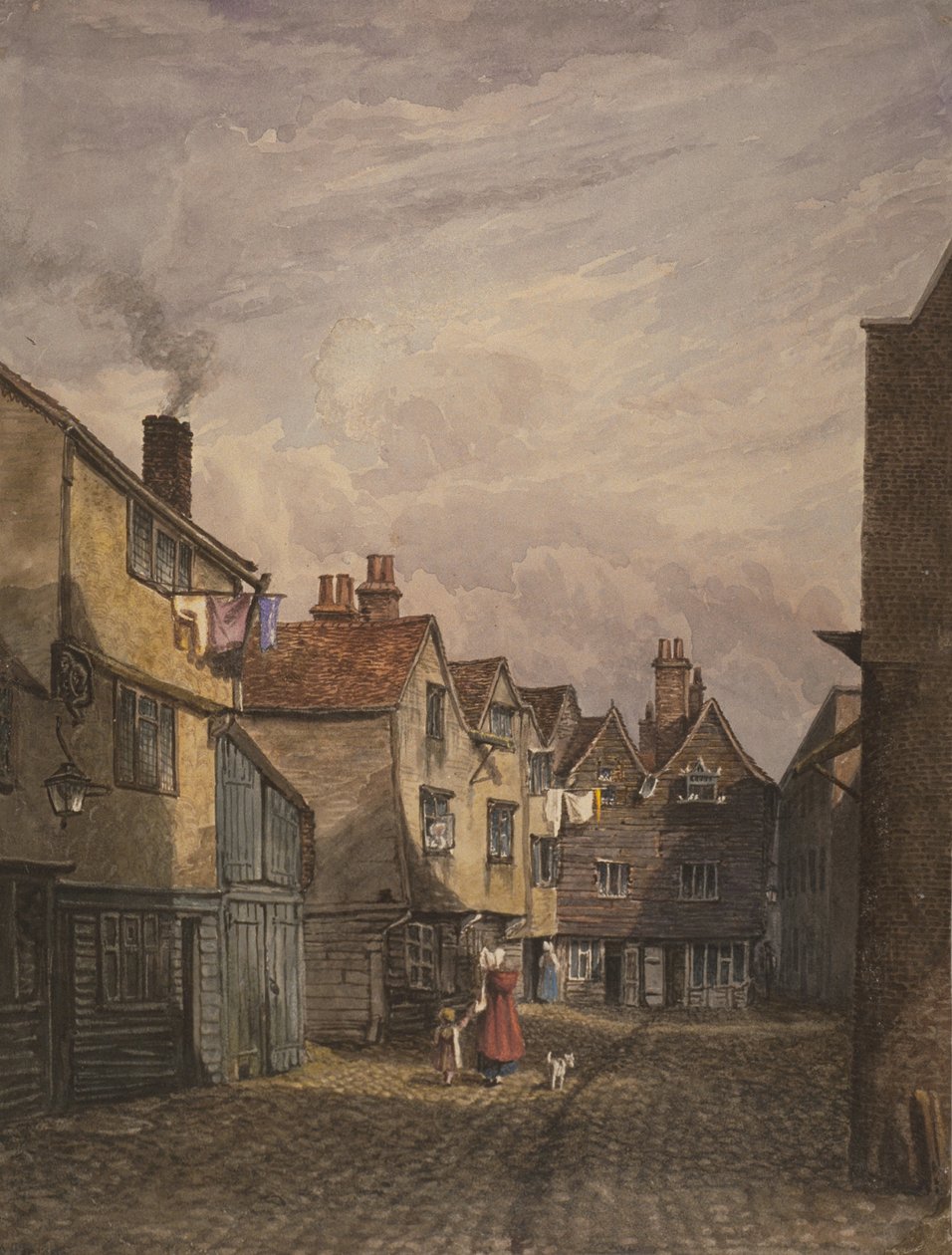 Pohled na ženu s dítětem jdoucí po Crown Court, Bermondsey, asi 1825 od W. Barker