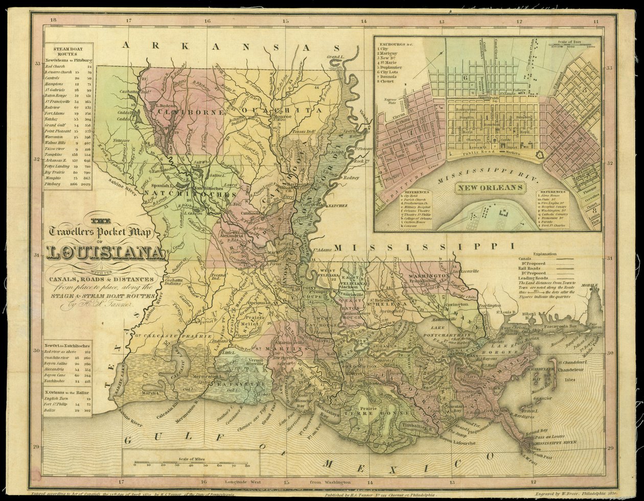 The Travelers Pocket Map of Louisiana, publikovaná v roce 1830 od W. Brose