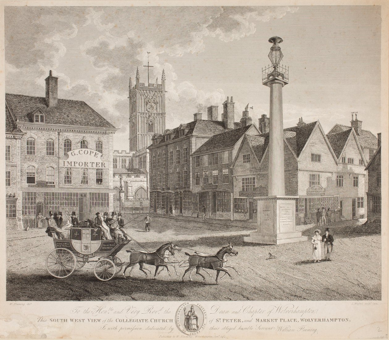 Jihozápadní pohled na kostel svatého Petra a tržnici, Wolverhampton, 1824 od W. Fleeming