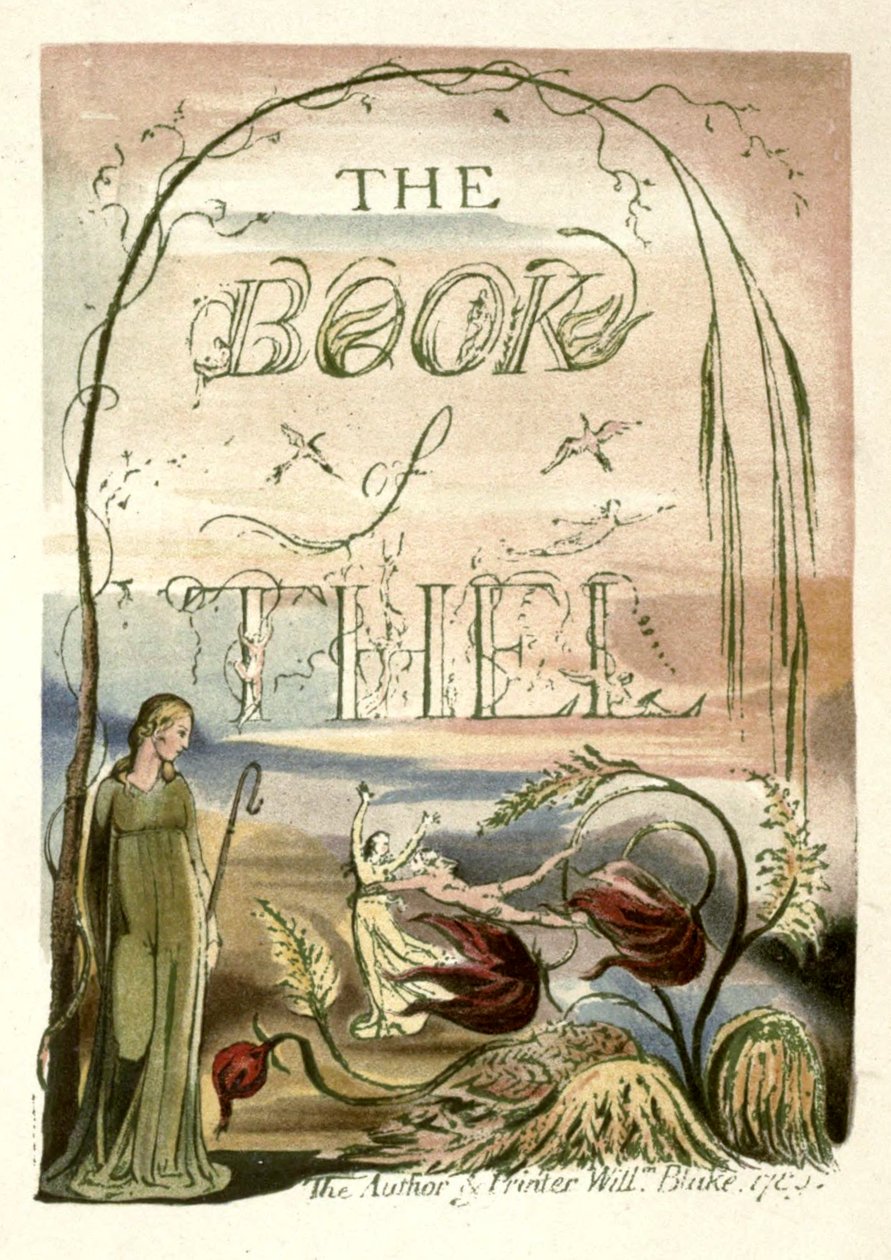Ilustrace vyňaté ze strany 33 knihy William Blake, malíř a básník od Richarda Garnetta Publisher: London, Seeley. Dílo je označeno jako The Book of Thel, titulní strana. Ve faksimile W. Griggs. Tento výtisk se nejvíce podobá stránce fr. od W. Griggs after William Blake