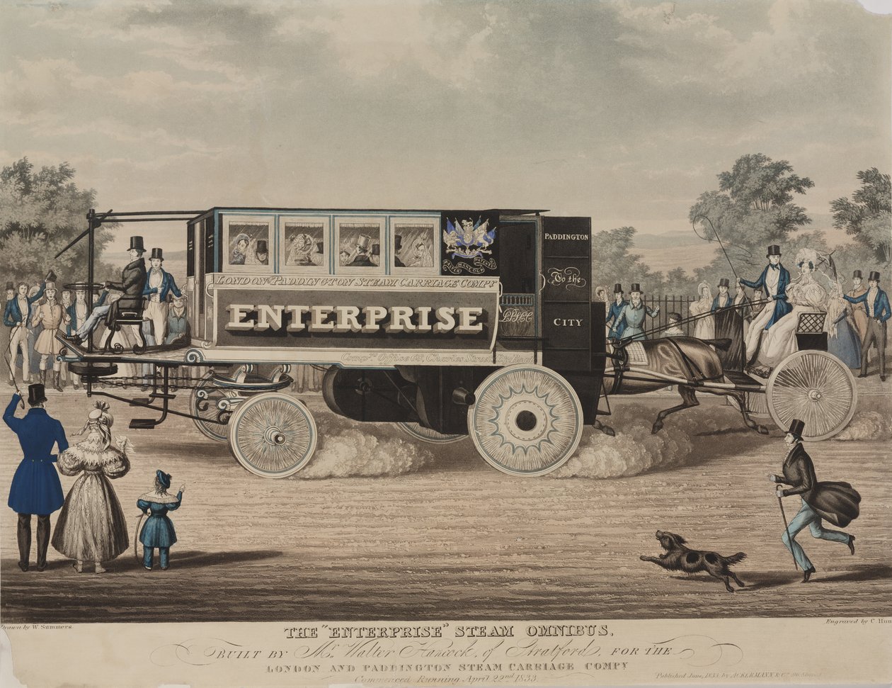 Enterprise Steam Omnibus, postavený panem Walterem Hancockem ze Stratfordu, pro London and Paddington Steam Carriage Company, vyryl C. Hunt, 1833 od W. Summers