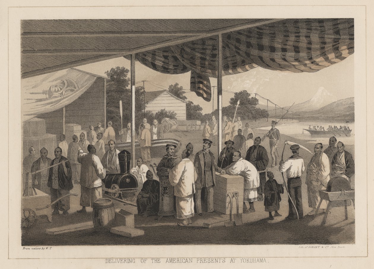Doručování amerických dárků v Yokuhamě, 1855 od W. T. Peters