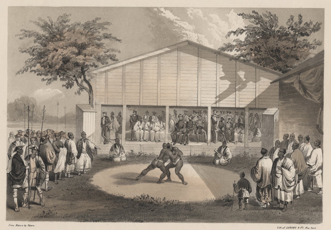 Wrestlers at Yokuhama, členové Sarony und Co., 1855 (chromolitho) od W. T. Peters