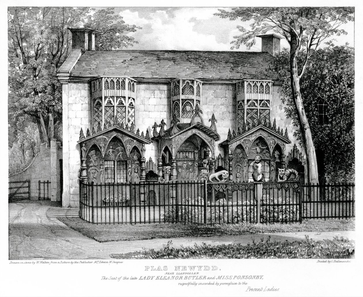 Plas Newydd, poblíž Llangollen, sídlo zesnulé dámy Eleanor Butler (asi 1745-1829) a slečny Sarah Ponsonby († 1831), tisk Charles Joseph Hullmandel (1789-1850) od W. after Walton