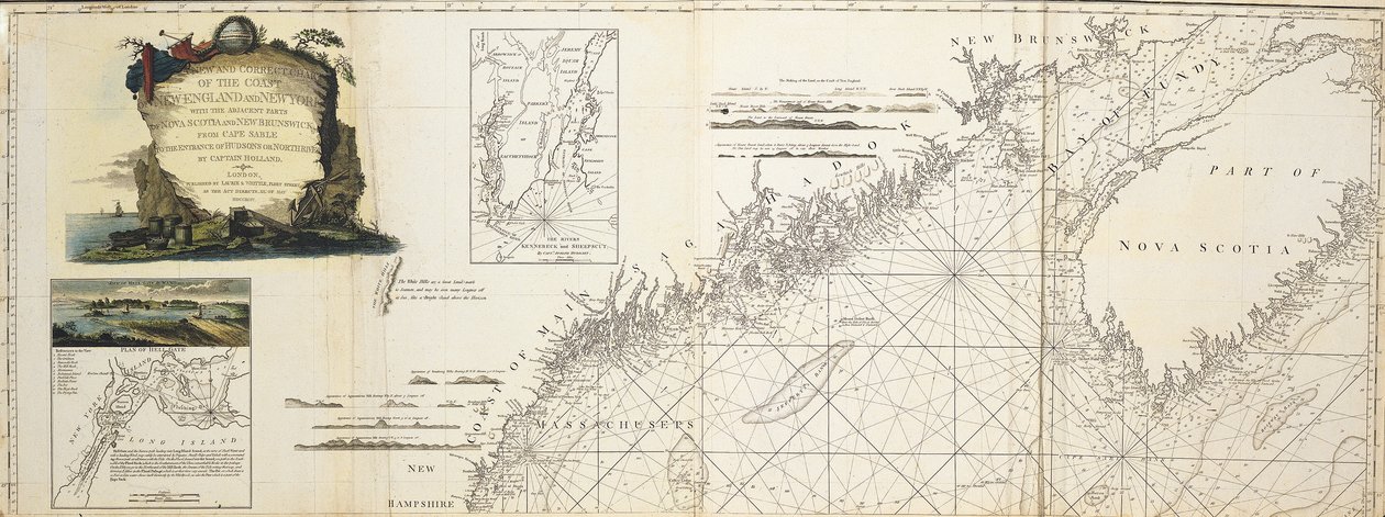 Nová a správná mapa pobřeží Nové Anglie a New Yorku s přilehlými částmi Nového Skotska a Nového Brunšviku od mysu Sable po vtok do řeky Hudsons nebo North River od kapitána Hollanda; Pohled na Hell Gate od W. A. Williamse 1777 (vložka); Plán o od W.A. Williams