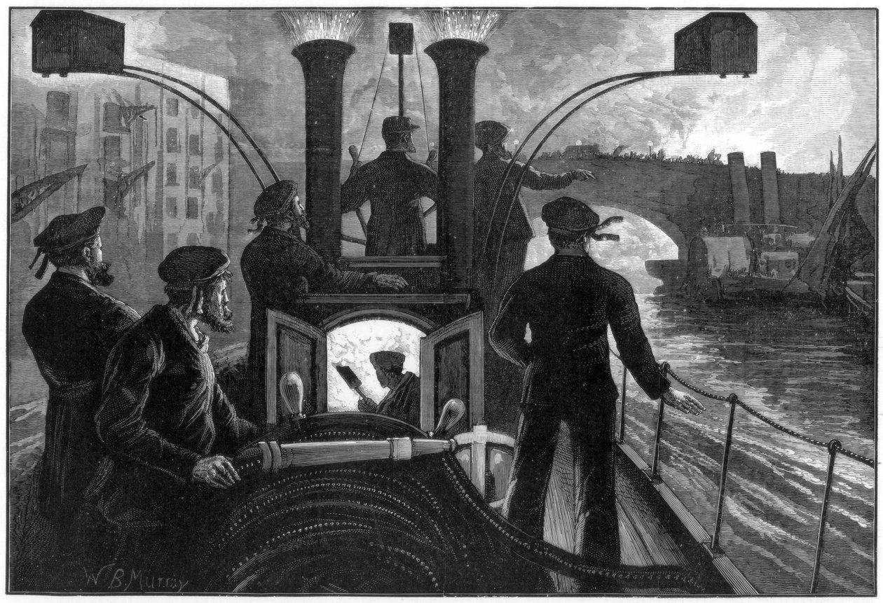 Parní hasičský stroj mířící k požáru u řeky, londýnský hasičský sbor, 1890. od WB Murray