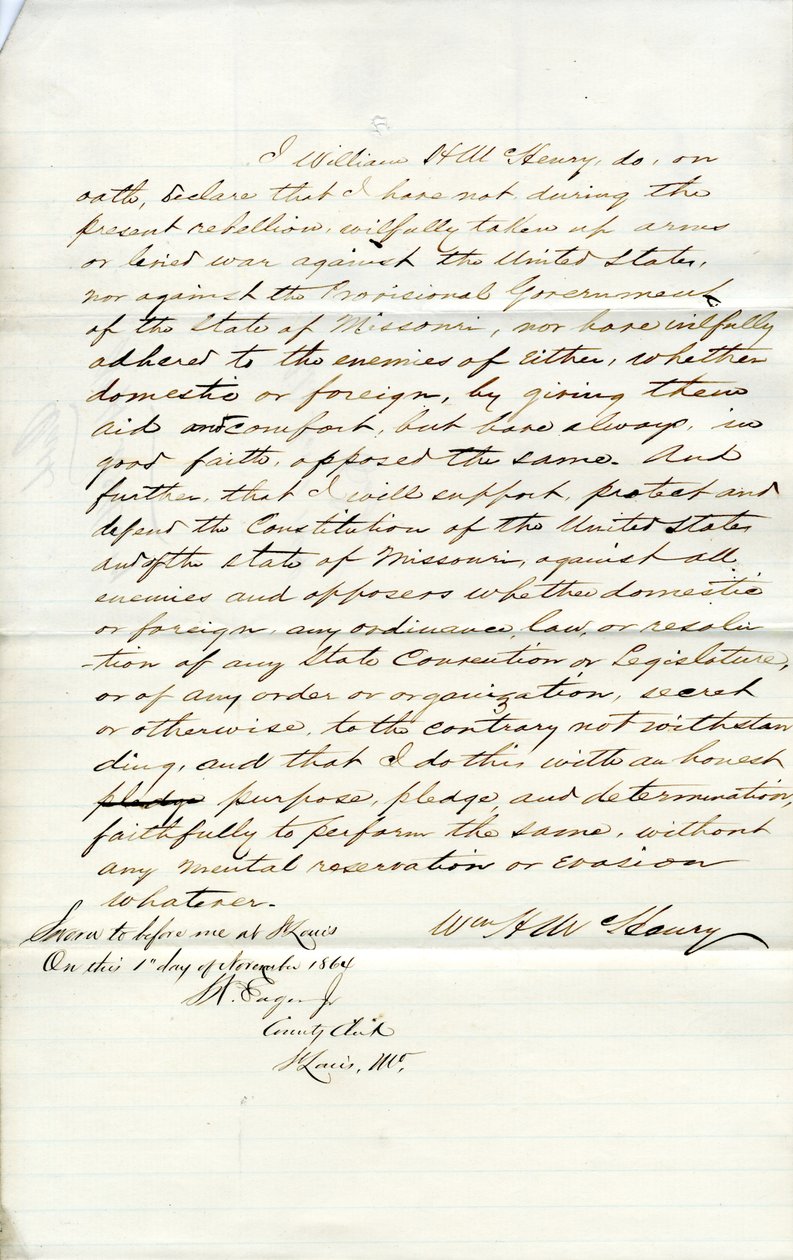 Věrnostní přísaha Williama H. McHenryho z Missouri, hrabství St. Louis od W.H. McHenry