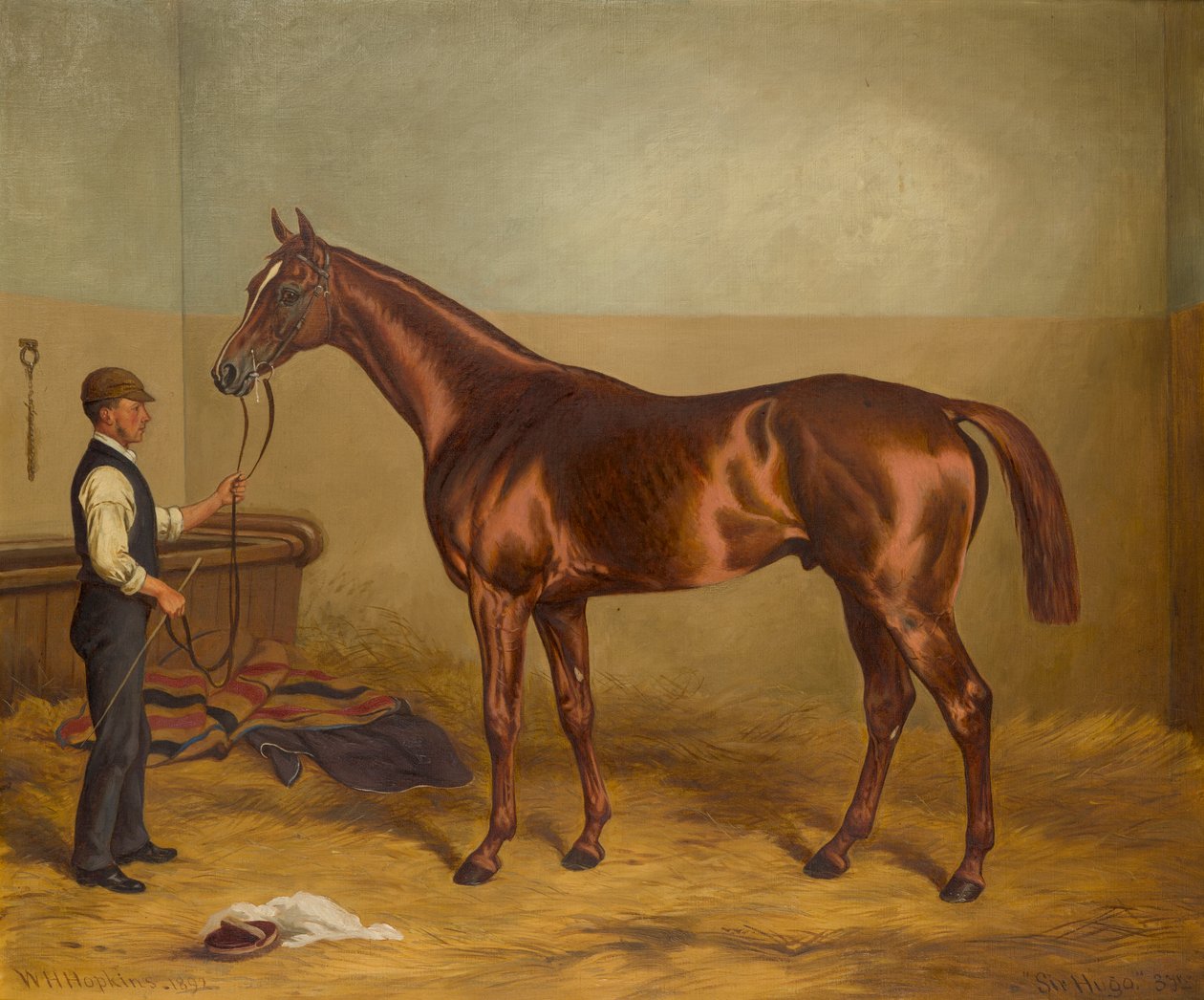 Sir Hugo jako tříletý v držení Grooma ve stáji, kolem 1875-92 (olej na plátně) od W.H. Hopkins