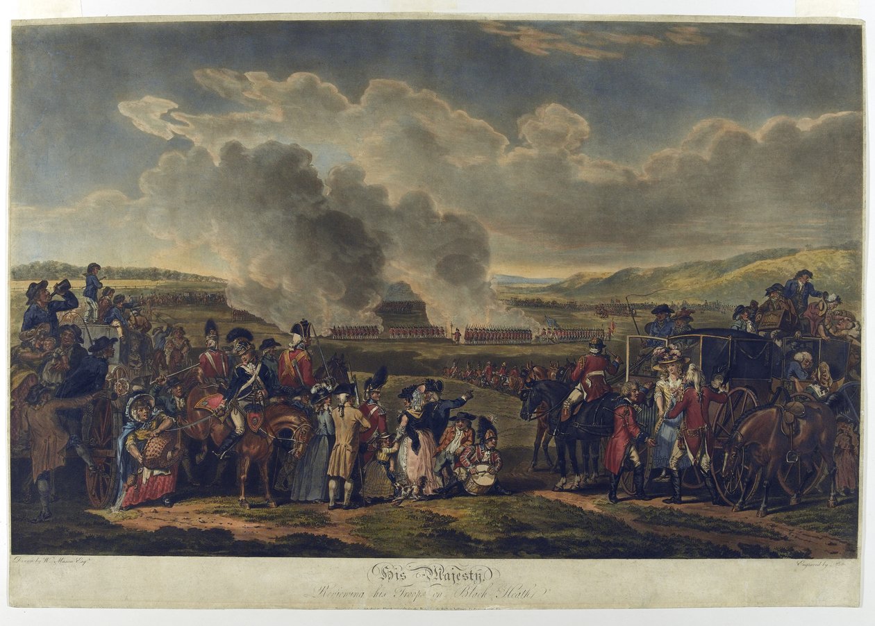 Jeho Veličenstvo prohlíží vojsko na Blackheathu, 1787, lept R. Pollard, vytištěno 1797 (leptaná akvatinta) od W.H. Mason