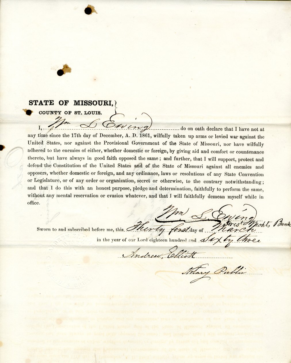 Věrnostní přísaha Wm. L. Ewing z Missouri, hrabství St. Louis od W.L. Ewing