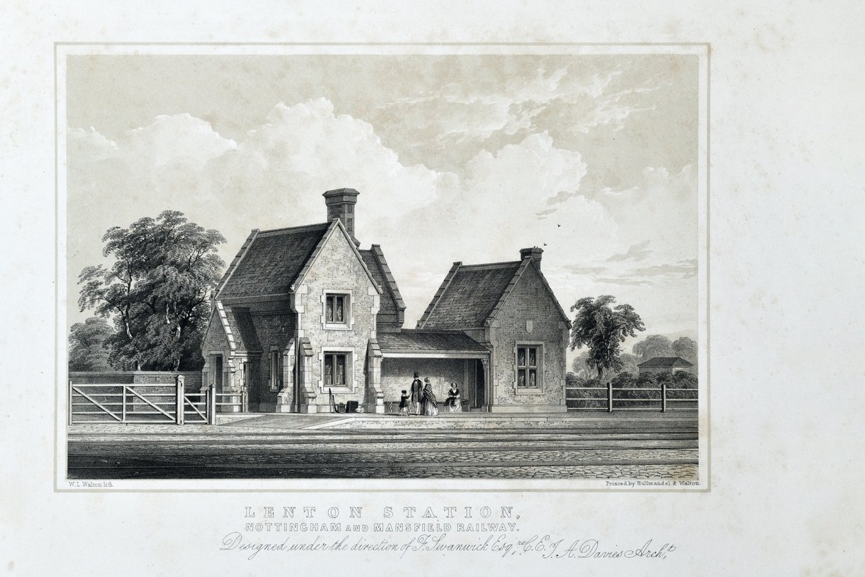 Lenton Station, Nottingham and Mansfield Railway, c.1848 (tónovaná litografie na papíře) od W.L. Walton