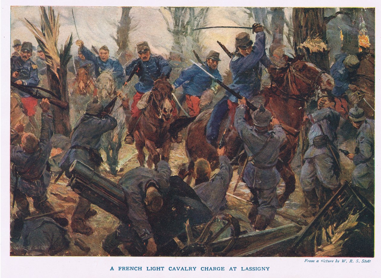 Francouzská lehká kavalérie útočí na Lassigny (barva lito) od W.R.S. (after) Stott