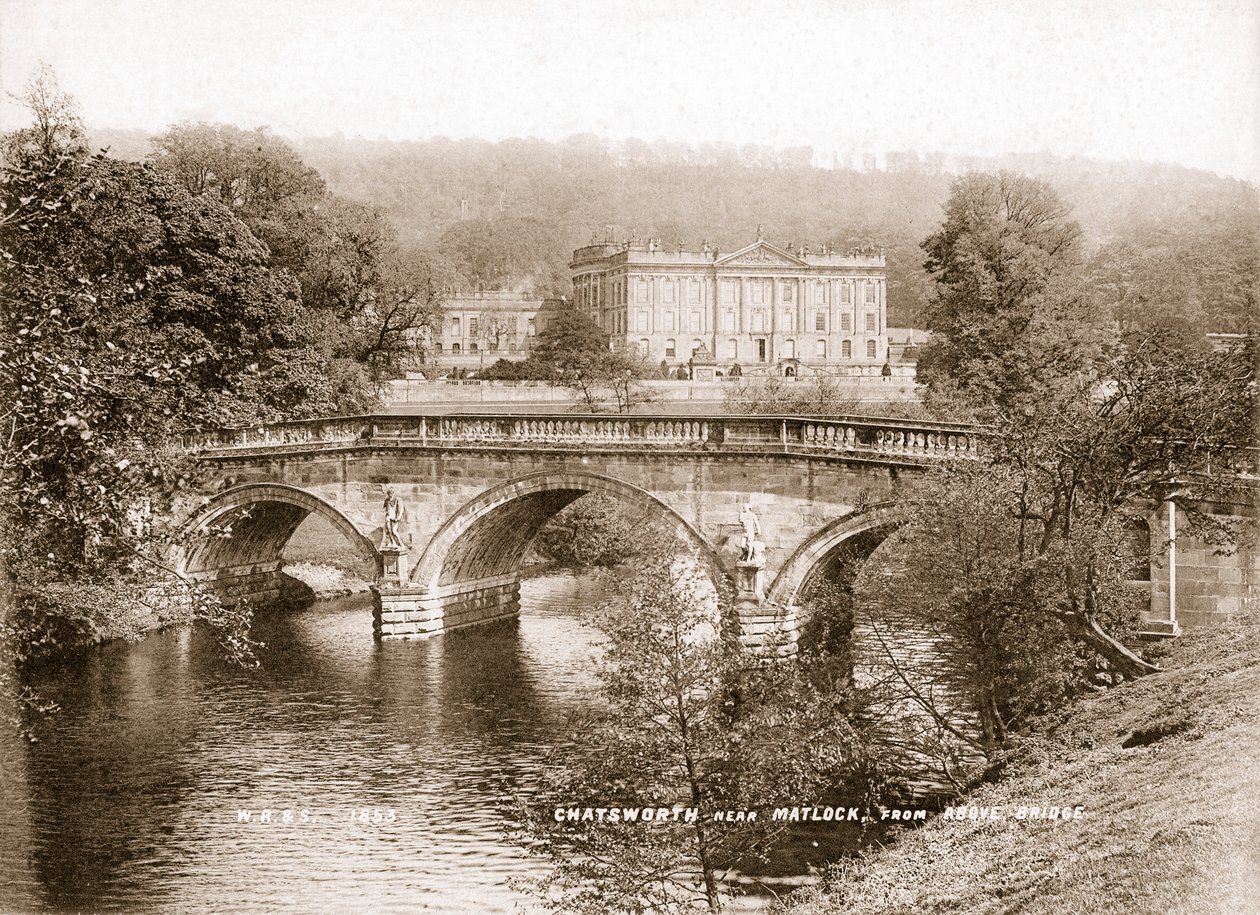 Chatsworth House a most přes řeku Derwent, Derbyshire, 1853 od WR and S