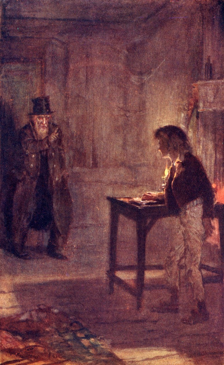 Fagin varuje Olivera, frontispis z knihy "The Adventures of Oliver Twist" od Charlese Dickense od W.S. Stacey