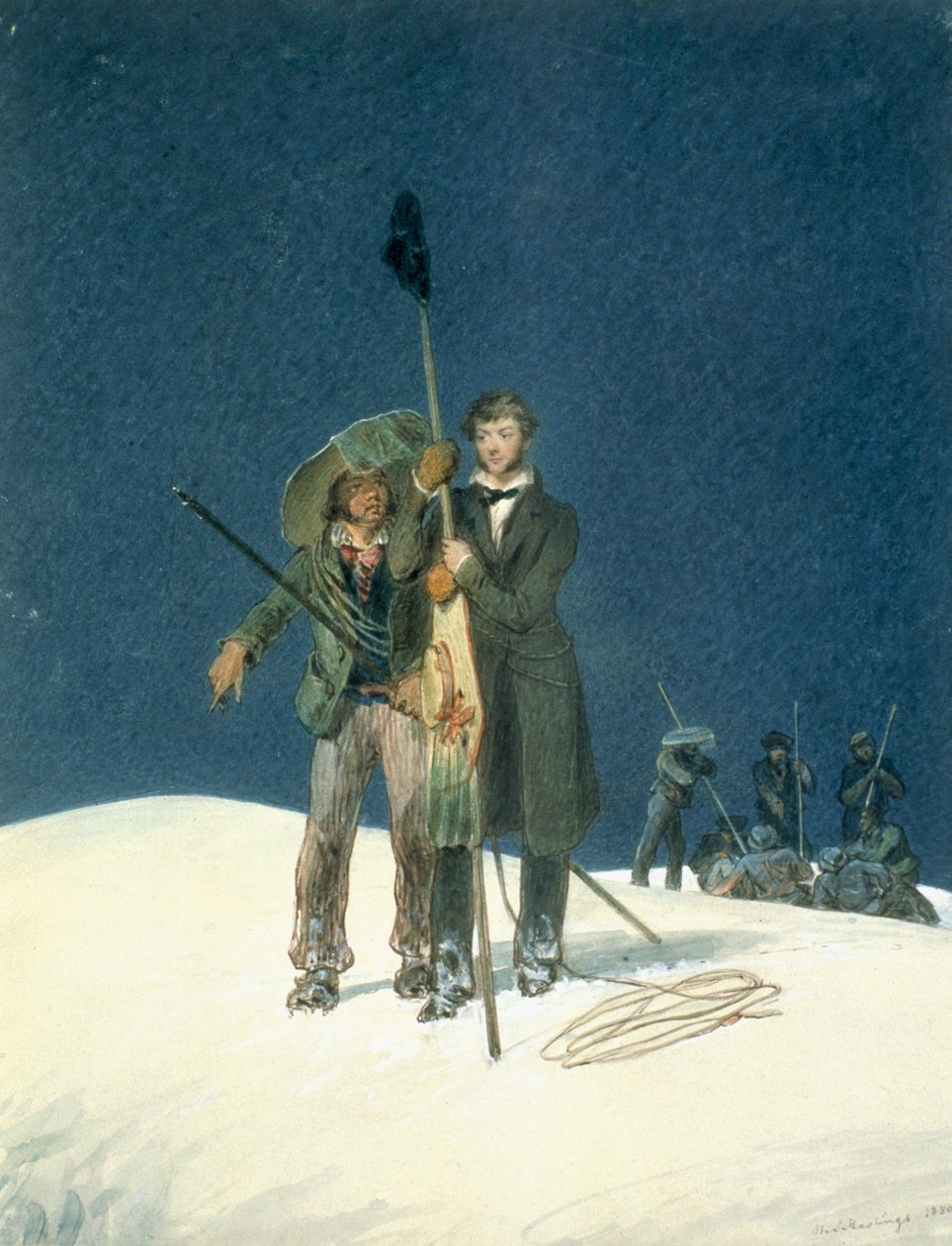 Charles Fellows s Williamem Hawesem, Nasazuje obušek na vrchol, zařazeno jako příloha v knize A Narrative of an Ascent to the Summit of Mont Blanc by Charles Fellows (1799-1860), vydané 1827 (wc na pa od W.S. Hastings