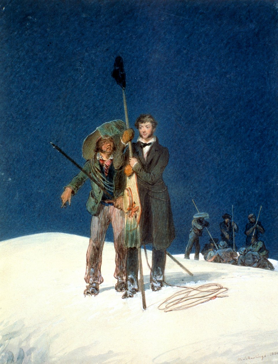 Charles Fellows s Williamem Hawesem zasadili obušek na vrchol Mont Blancu, 1827 od WS Hastings