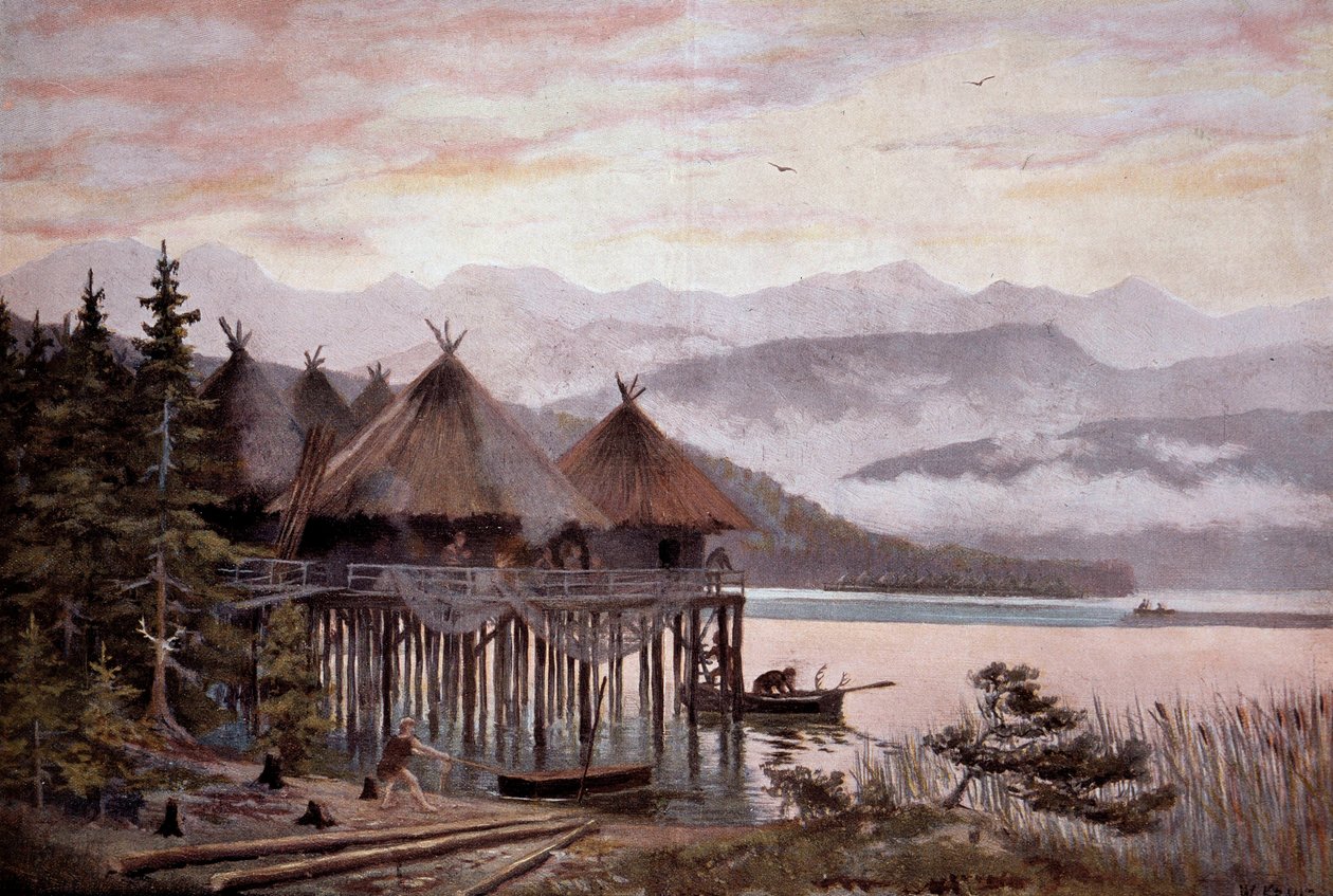 Prehistorie: vesnice bati na kůlech na břehu Curyšského jezera v době Pierra. Jezerní vesnice, pravěké jezerní město. Z obrazu W. Kranze 20. stol od W. (after) Kranz