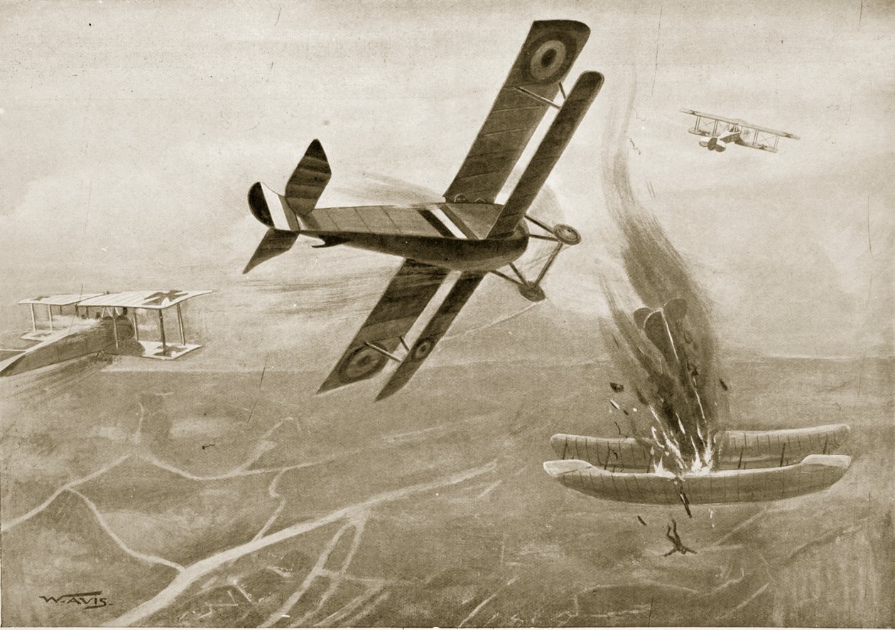 Letecká bitva kapitána Hawkera se třemi německými letadly, 25. července 1915, ilustrace z „Dějiny národa“ od W. Avis