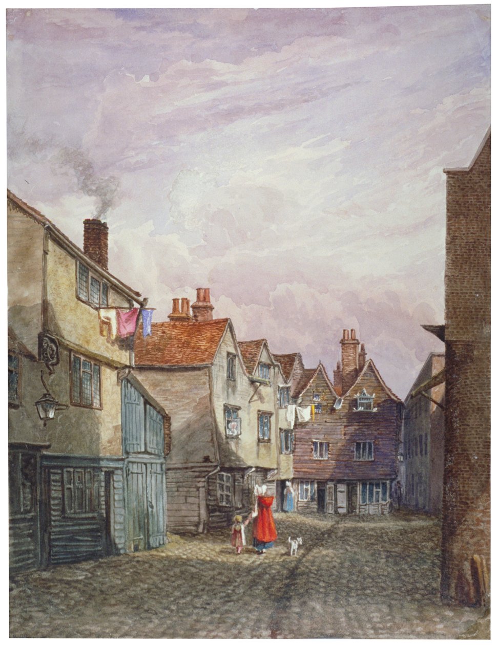 Pohled na ženu a dítě kráčející po Crown Court, Bermondsey, Londýn, c1825 od W Barker